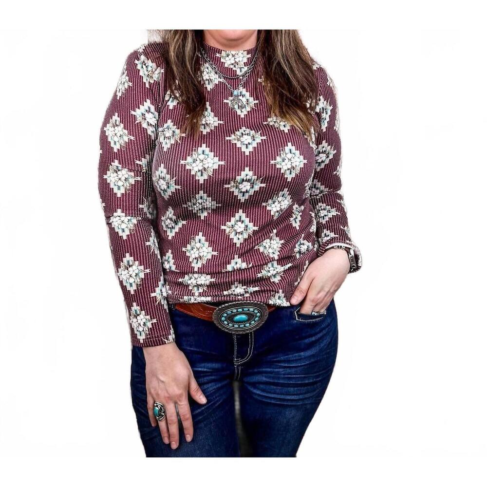 NEW STERLING KREEK high plains aztec top in cranberry